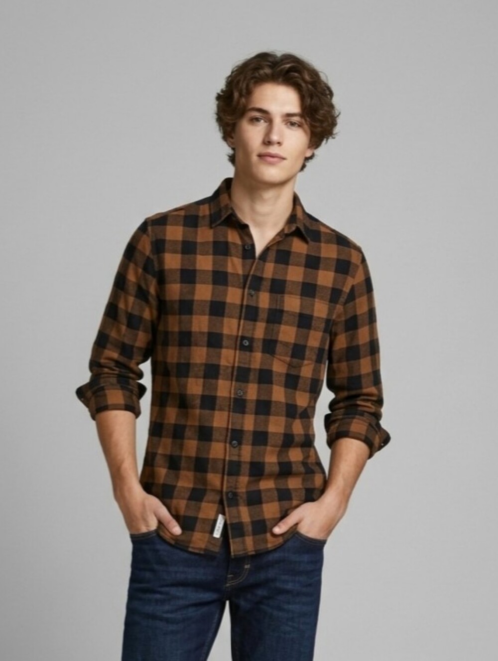 H&M Mens Flannel Shirt XS Brown Black Buffalo Plaid Long Sleeve Casual Fall Top